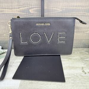 Michael Kors LOVE Studded Black Leather Wristlet Bag with Strap